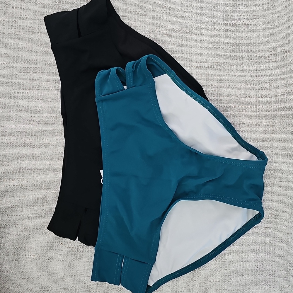 Nwot 2 Women's Bathing Swim Suit Bottoms Teal And Black Bikini Size S